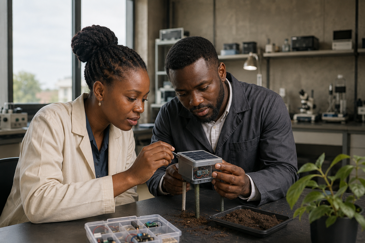 Illustrative image of African researchers examining an agricultural sensor prototype.